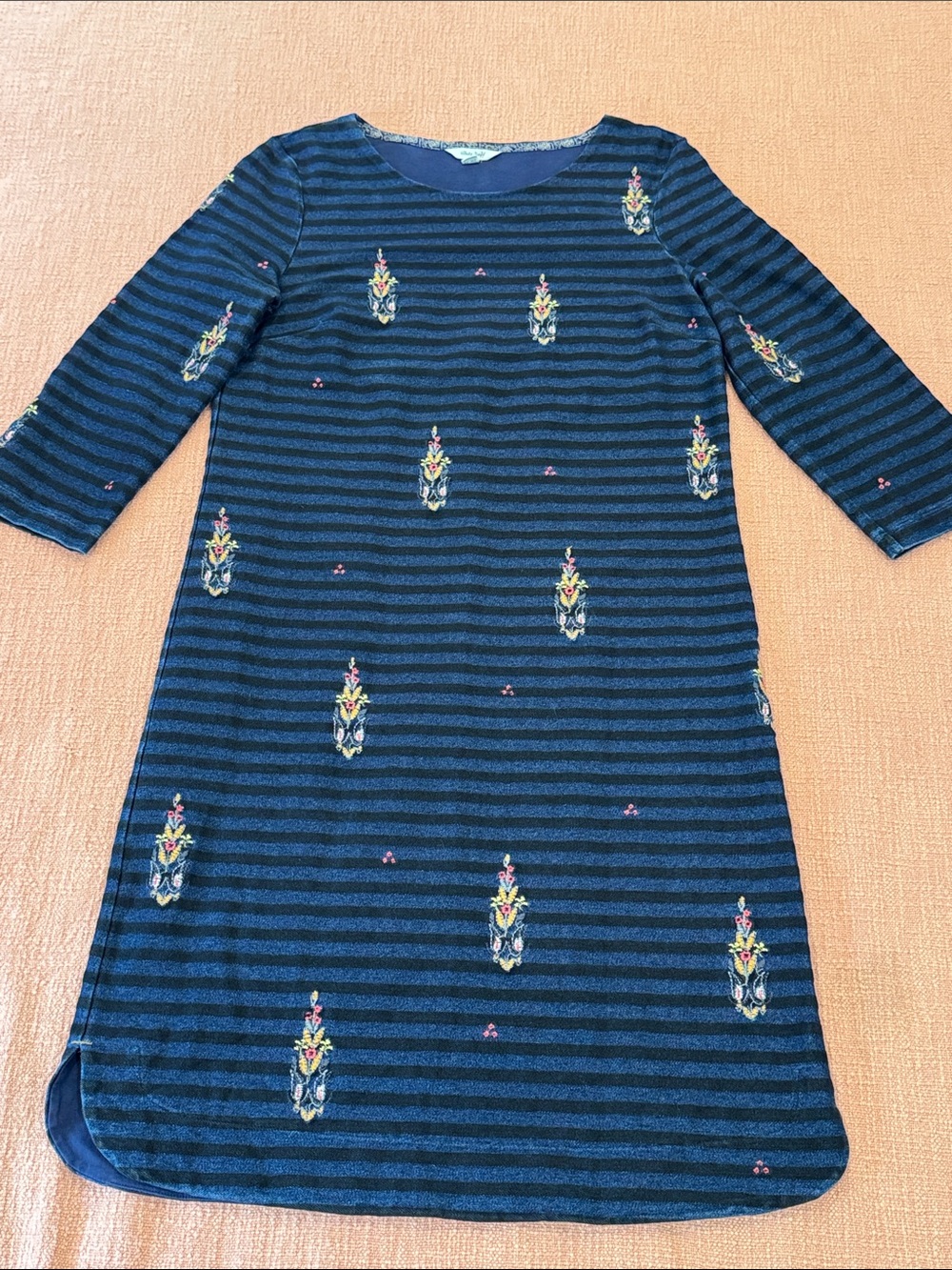 Embroidered Navy Striped cotton blend Midi Dress